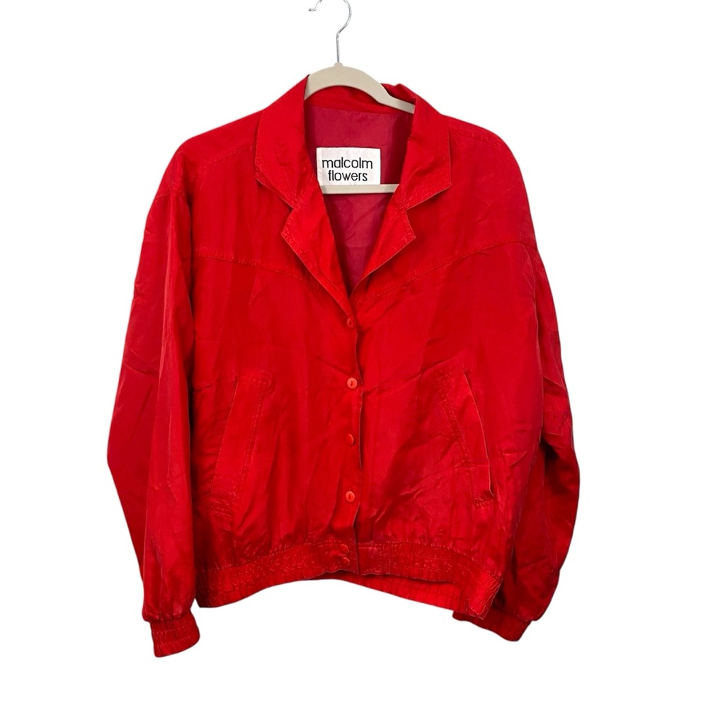 Malcolm Flowers Vintage 100% Silk Size Small Red Button up Windbreaker Jacket